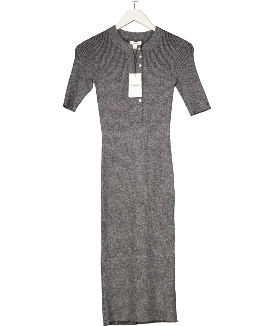 REISS Grey Ribbed Wool Blend Midi Dress UK S - Reliked