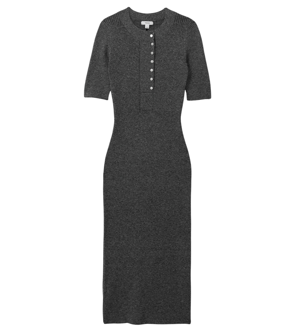 REISS Grey Ribbed Wool Blend Midi Dress UK S - Reliked