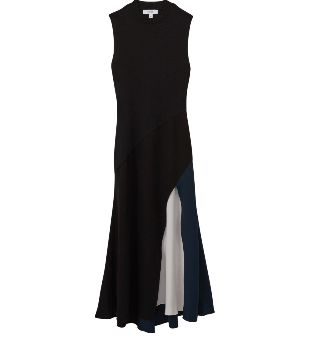 REISS Hybrid Colourblock Midi Dress In Black UK S - Reliked