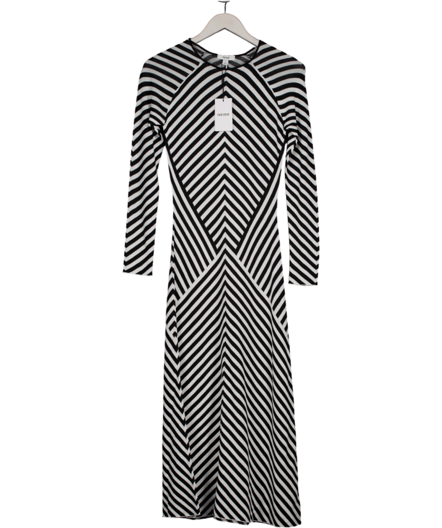 REISS Knitted Striped Midi Dress In Black/ivory UK S - Reliked