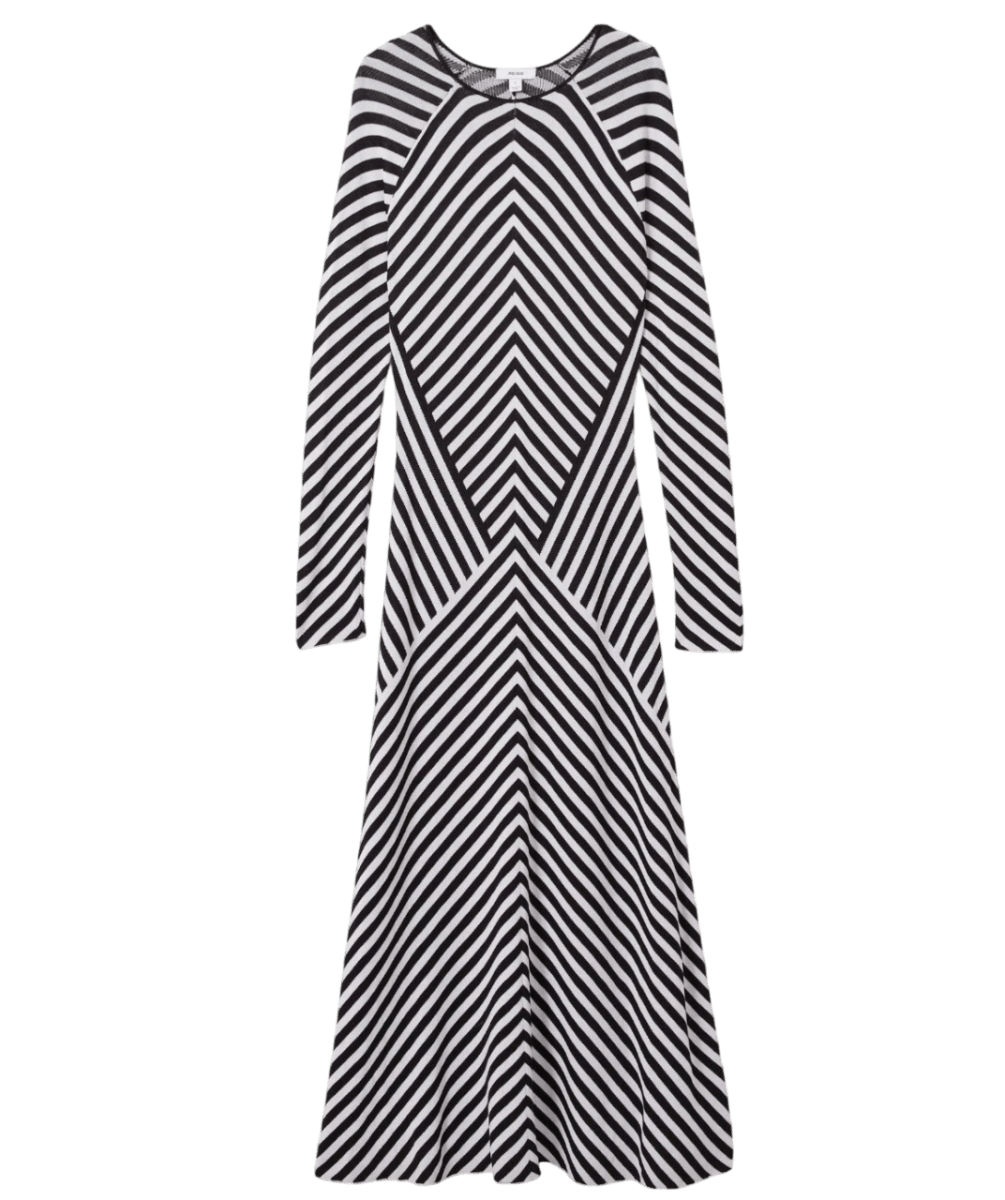 REISS Knitted Striped Midi Dress In Black/ivory UK S - Reliked