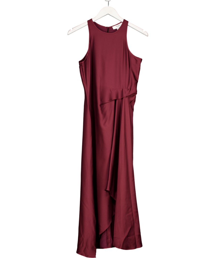 REISS Luxury Satin Drape Tuck Midi Dress In Burgundy UK 8 - Reliked