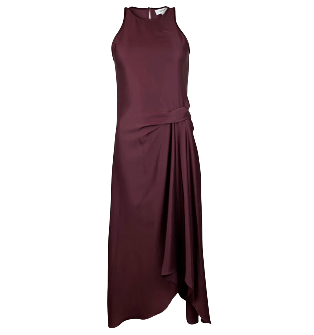 REISS Luxury Satin Drape Tuck Midi Dress In Burgundy UK 8 - Reliked