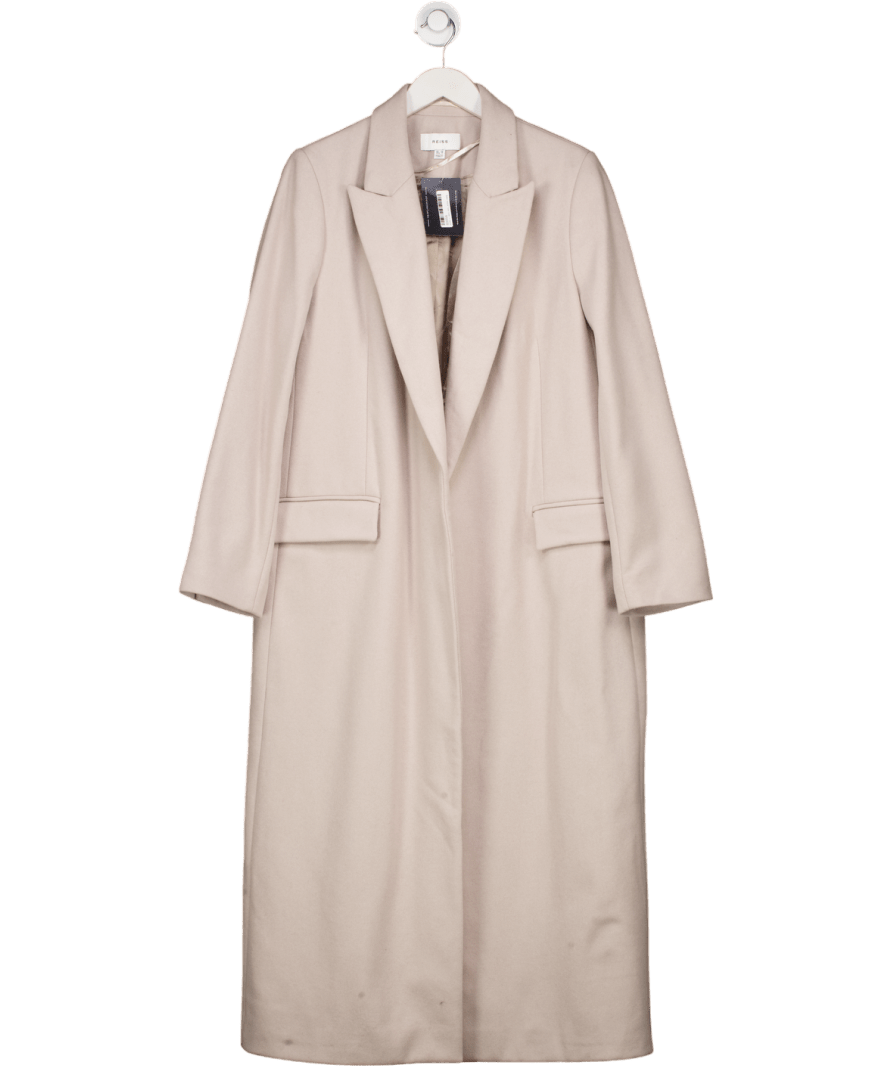 REISS neutral Lila Wool Blend Double Breasted Longline Coat UK 10 - Reliked