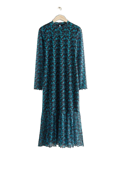 & Other Stories Black/Blue Printed Mesh Midi Dress BNWT UK L