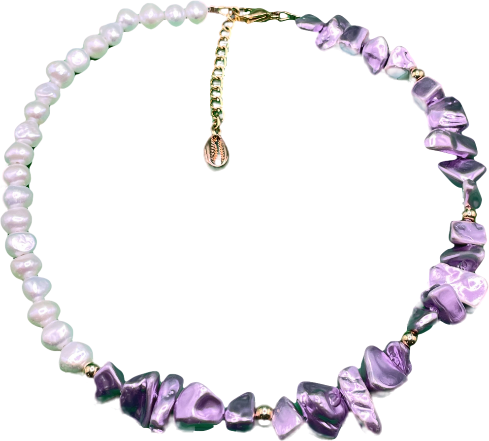 Purple Lilac / Ivory Shell & Pearl Necklace