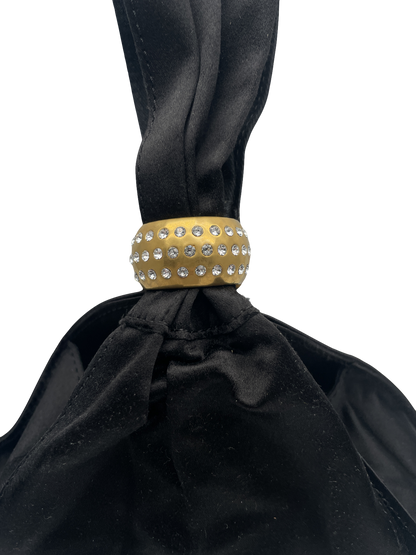 BY FAR Black Satin Triangle Evening Bag With Crystal Embellished Ring