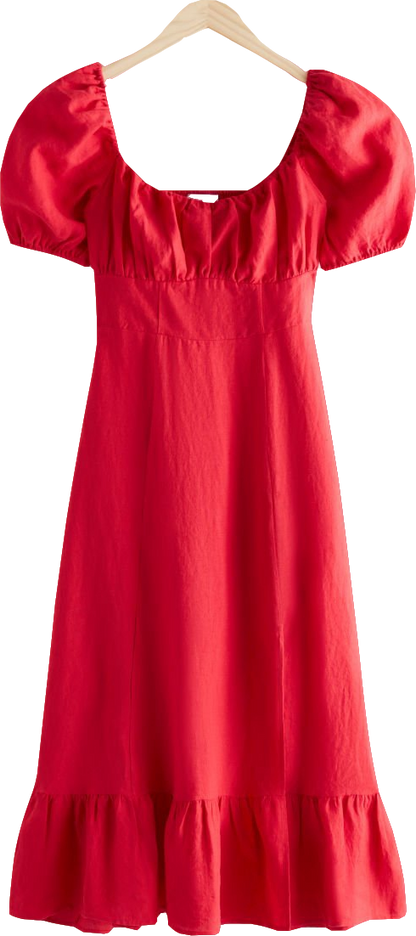 & Other Stories Red Puff Sleeve Linen Midi Dress BNWT UK 8
