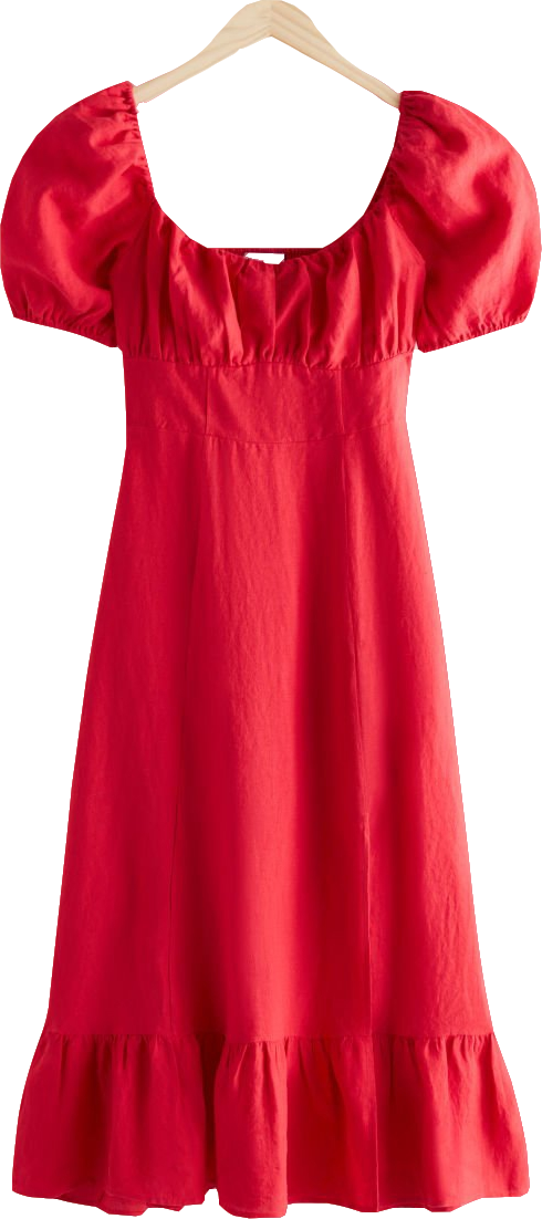 & Other Stories Red Puff Sleeve Linen Midi Dress BNWT UK 8
