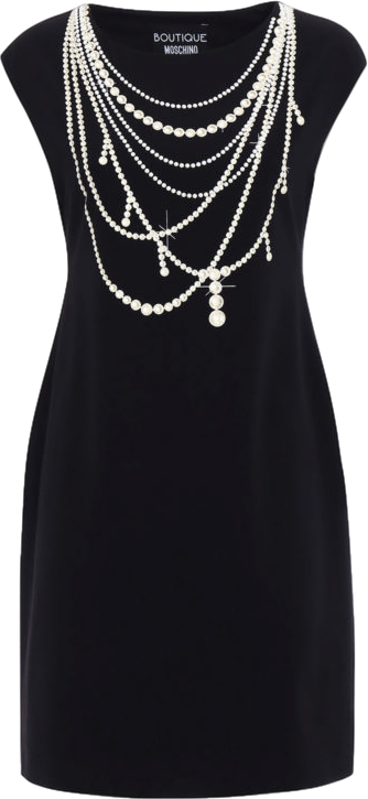 Black Moschino Boutique Pearl Necklace Print Crepe Dress UK 4