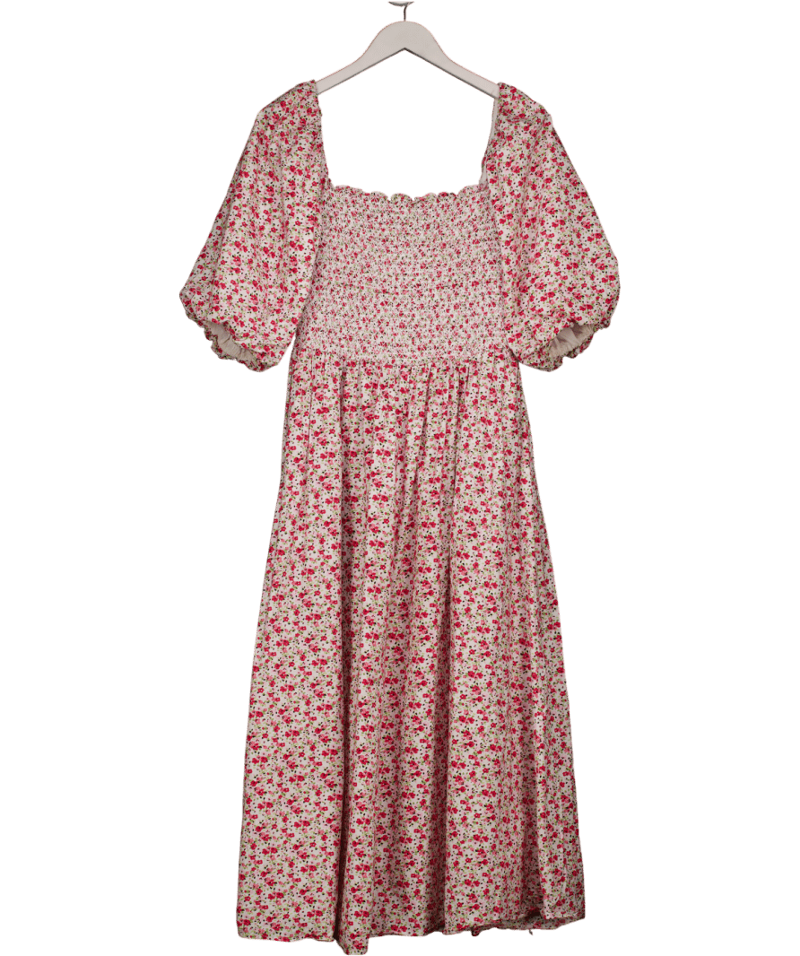 resume White / Pink Shirred Bodice Floral Midi Dress Fr38 UK 10 - Reliked