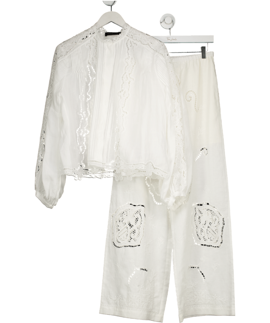 Rich Radi Q's 2 - piece White Lace Inset Ramie Linen Blouse And Trouser Set UK M - Reliked