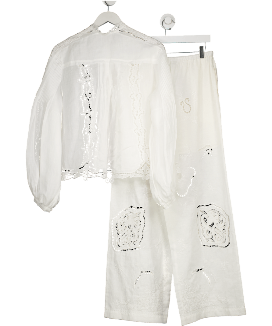 Rich Radi Q's 2 - piece White Lace Inset Ramie Linen Blouse And Trouser Set UK M - Reliked