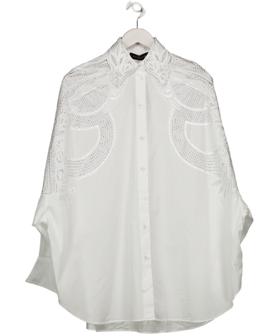 RICH RADI Q'S White Crystal Embellished Cutwork Oversize Shirt UK S - Reliked