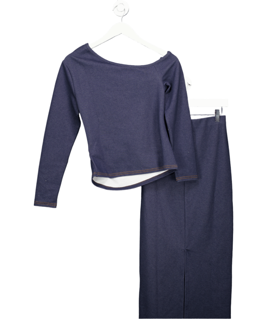 River Island 2 - piece Blue Denim Long Sleeve Asymmetric Belted Top And Maxi Skirt Set UK S - Reliked