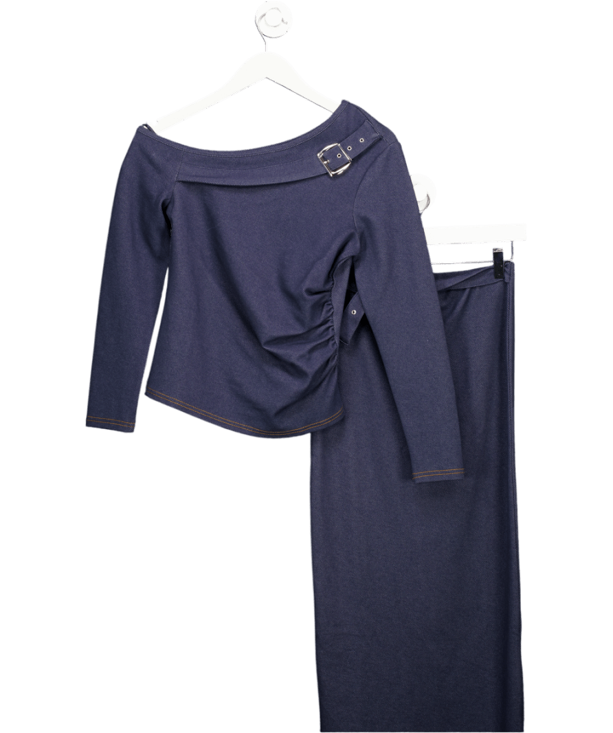 River Island 2 - piece Blue Denim Long Sleeve Asymmetric Belted Top And Maxi Skirt Set UK S - Reliked