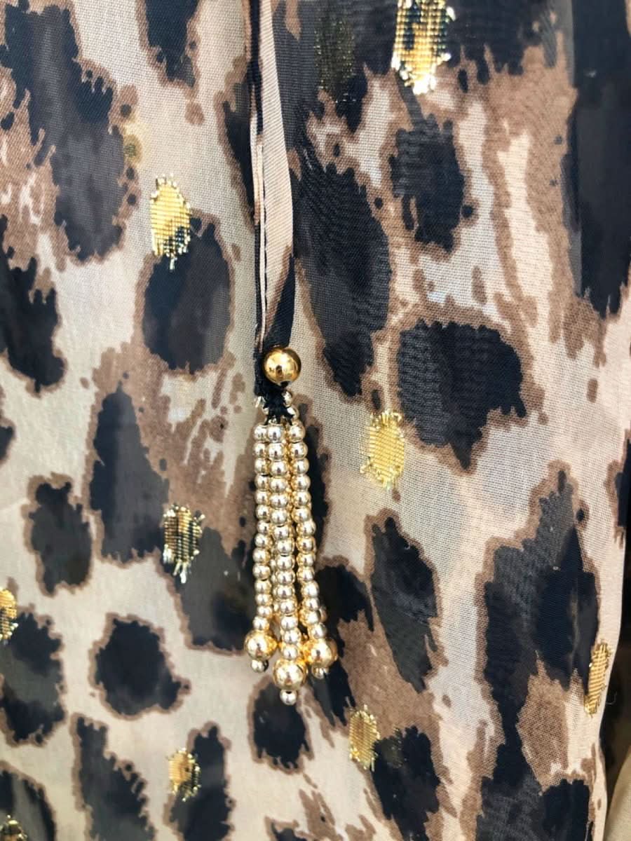 River Island Beige Leopard Print Sheer Ruffled Blouse UK 6 - Reliked