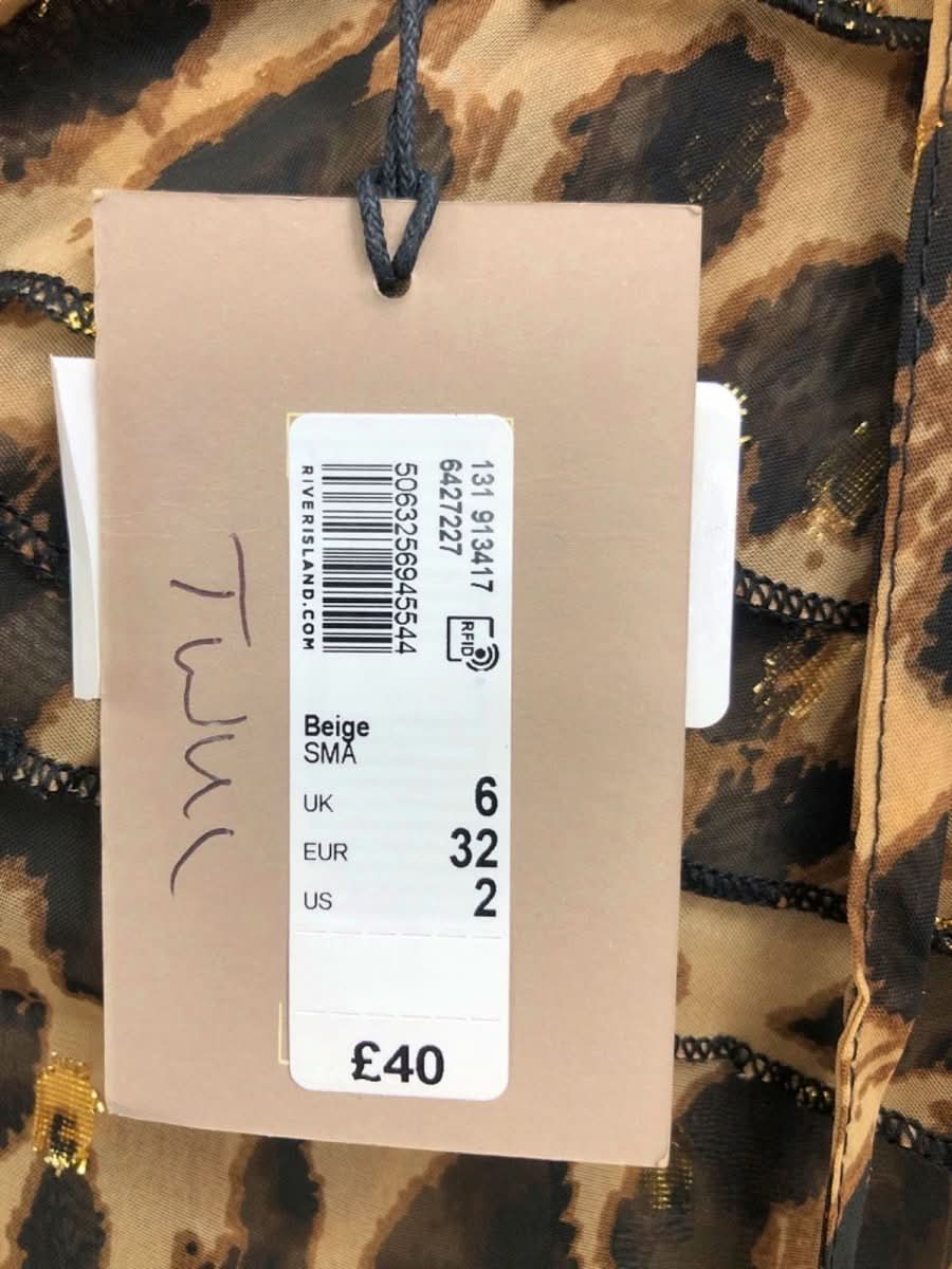 River Island Beige Leopard Print Sheer Ruffled Blouse UK 6 - Reliked