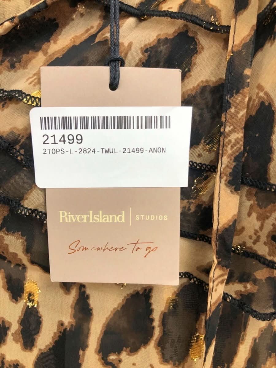 River Island Beige Leopard Print Sheer Ruffled Blouse UK 6 - Reliked