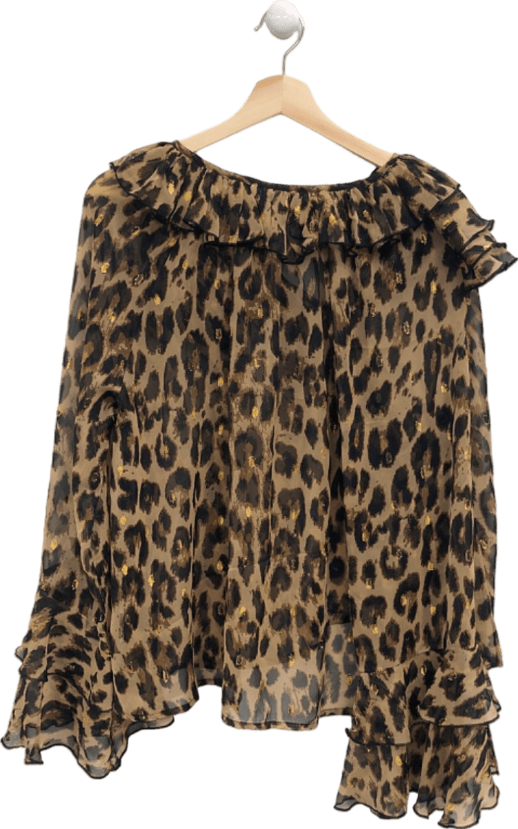 River Island Beige Leopard Print Sheer Ruffled Blouse UK 6 - Reliked