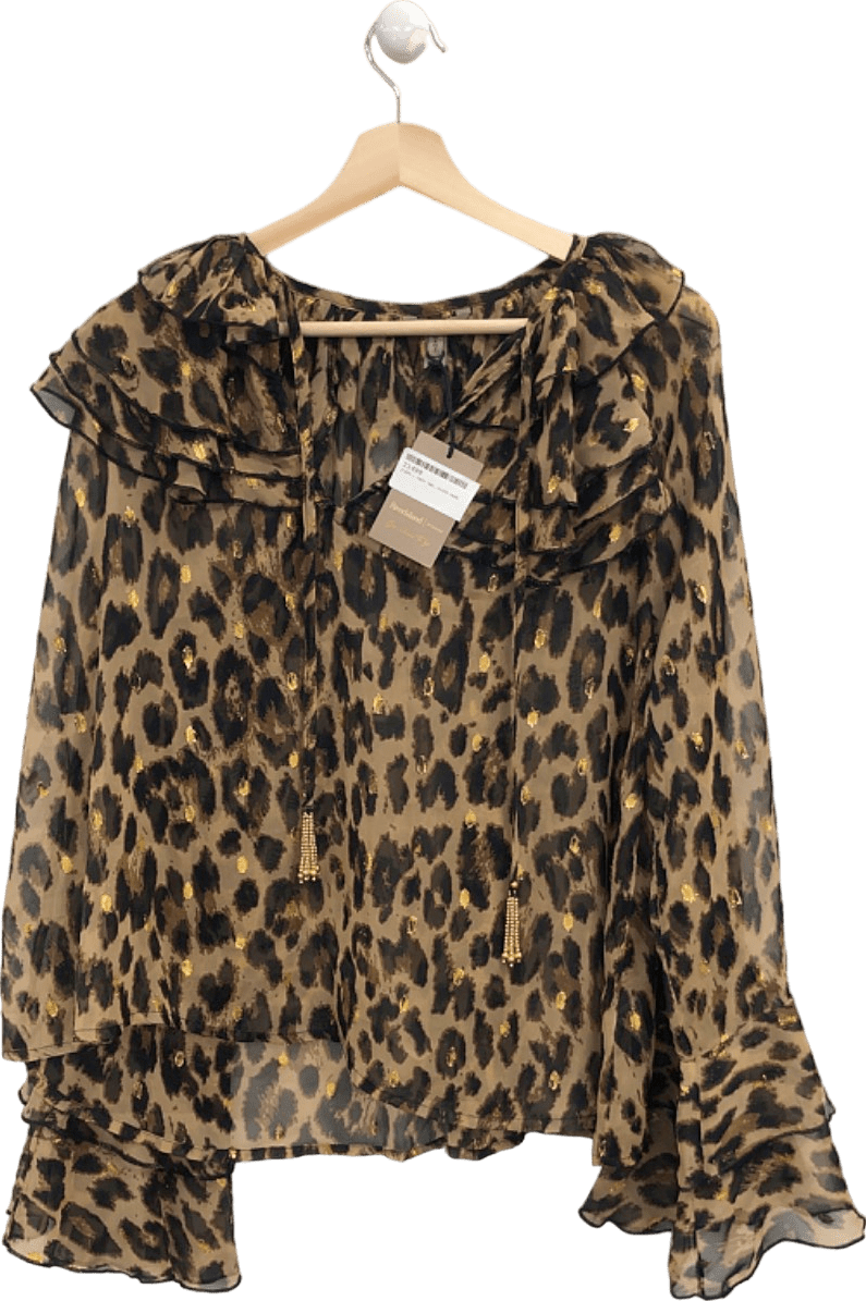 River Island Beige Leopard Print Sheer Ruffled Blouse UK 6 - Reliked