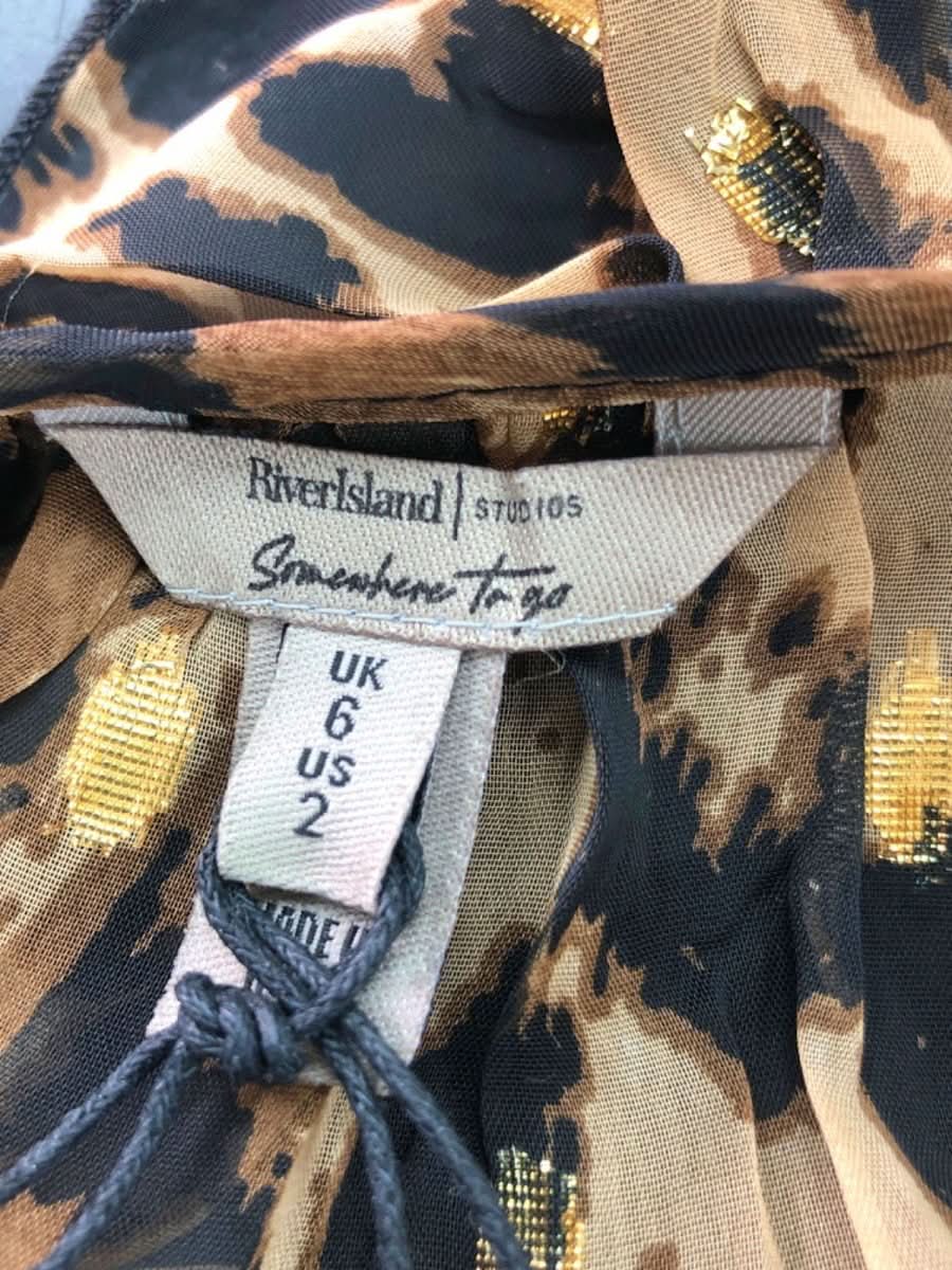 River Island Beige Leopard Print Sheer Ruffled Blouse UK 6 - Reliked