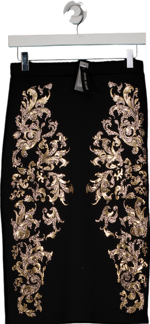 River Island Black Baroque Print Pencil Skirt UK 10 - Reliked