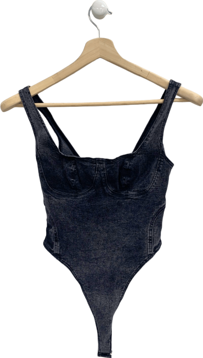 River Island Black Denim Thong Bodysuit UK 6 - Reliked