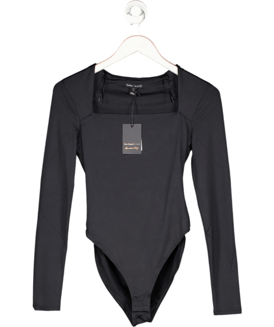 River Island Black Long Sleeve Square Neck Bodysuit UK S - Reliked