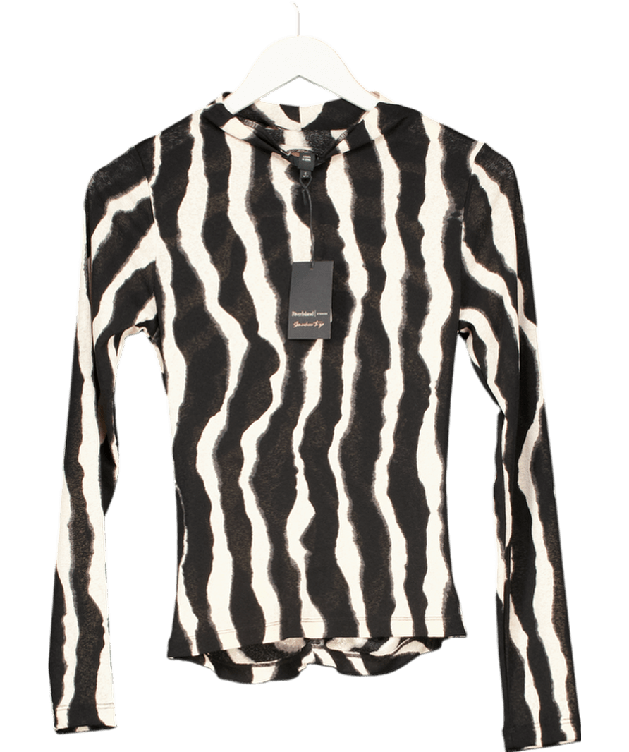 River Island Black Ruched Wavy Print Mesh Top UK S - Reliked