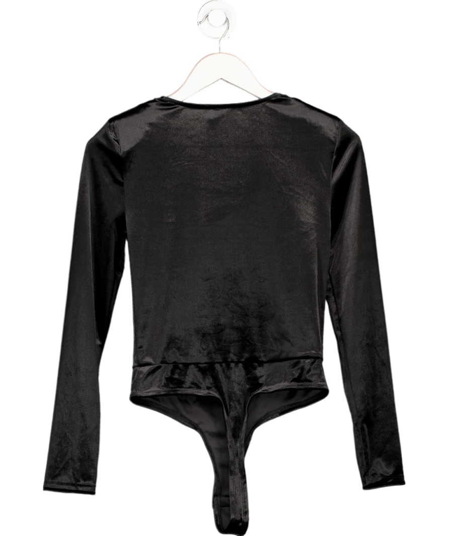 River Island Black Velvet Long Sleeve Cowl Neck Bodysuit UK S - Reliked