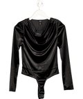 River Island Black Velvet Long Sleeve Cowl Neck Bodysuit UK S - Reliked