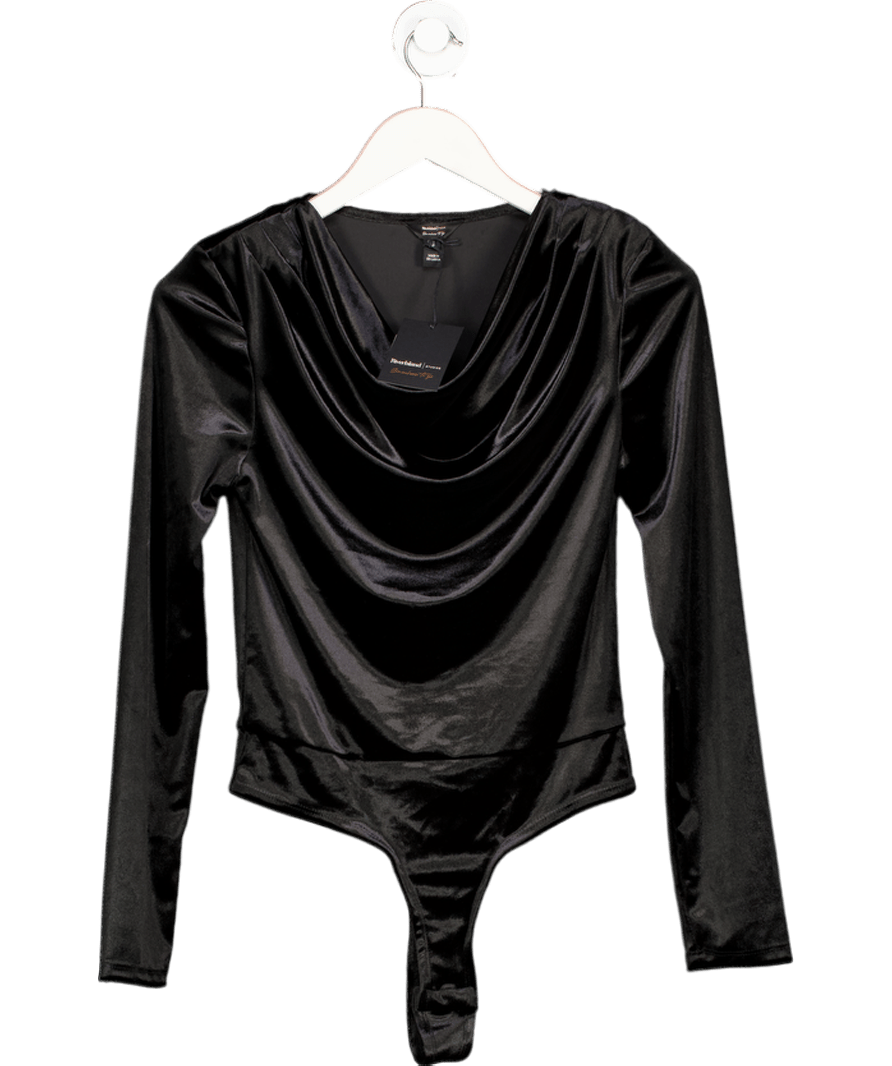 River Island Black Velvet Long Sleeve Cowl Neck Bodysuit UK S - Reliked