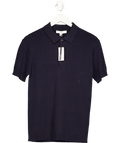 River Island Blue Navy Slim Fit Ribbed Polo Shirt UK S - Reliked