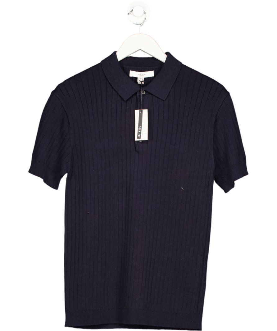 River Island Blue Navy Slim Fit Ribbed Polo Shirt UK S - Reliked