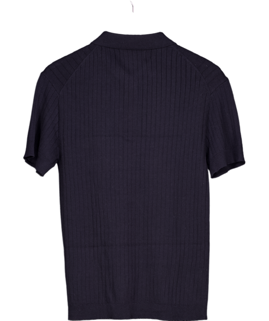 River Island Blue Navy Slim Fit Ribbed Polo Shirt UK S - Reliked