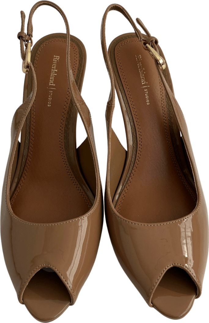 River Island Brown Peep Toe Sling Back Heeled Sandals UK 8 EU 41 👠 - Reliked