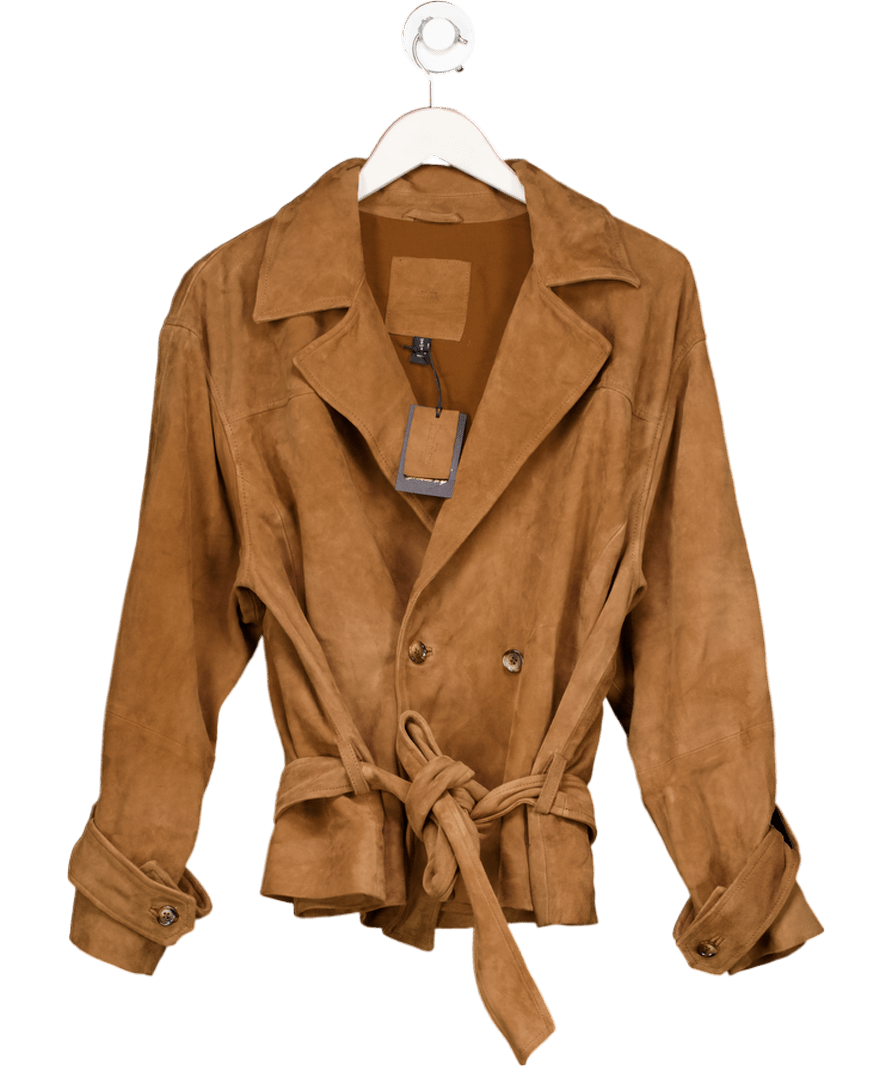 River Island Brown Real Suede Cropped Trench Coat UK 8 - Reliked