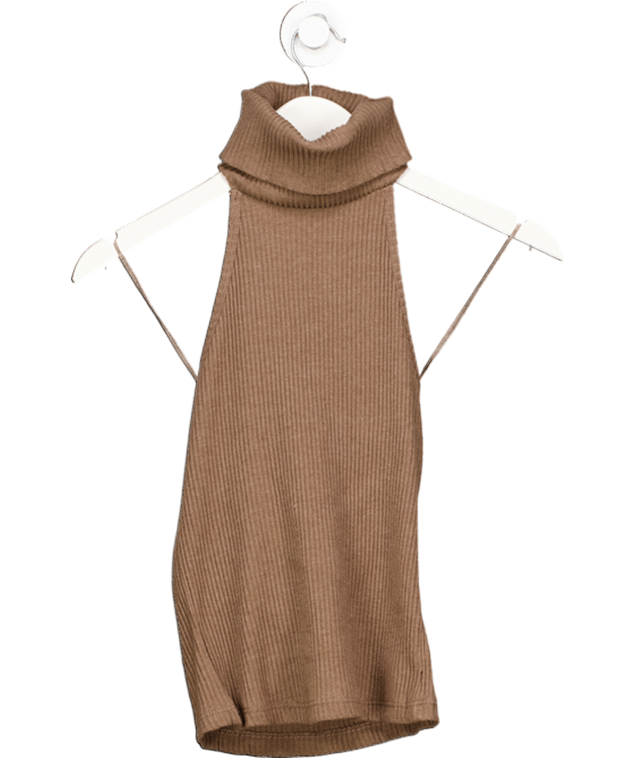 River Island Brown Sleeveless Ribbed Roll Neck Halter Top UK S - Reliked