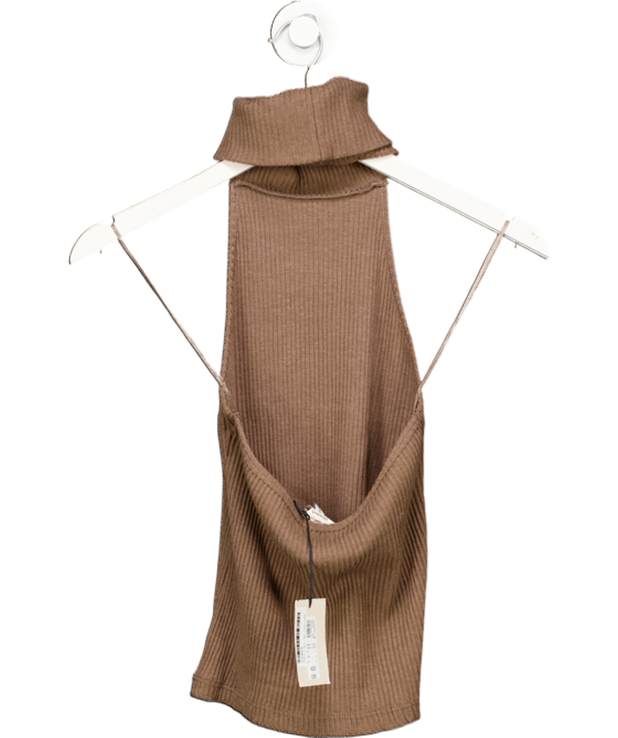 River Island Brown Sleeveless Ribbed Roll Neck Halter Top UK S - Reliked