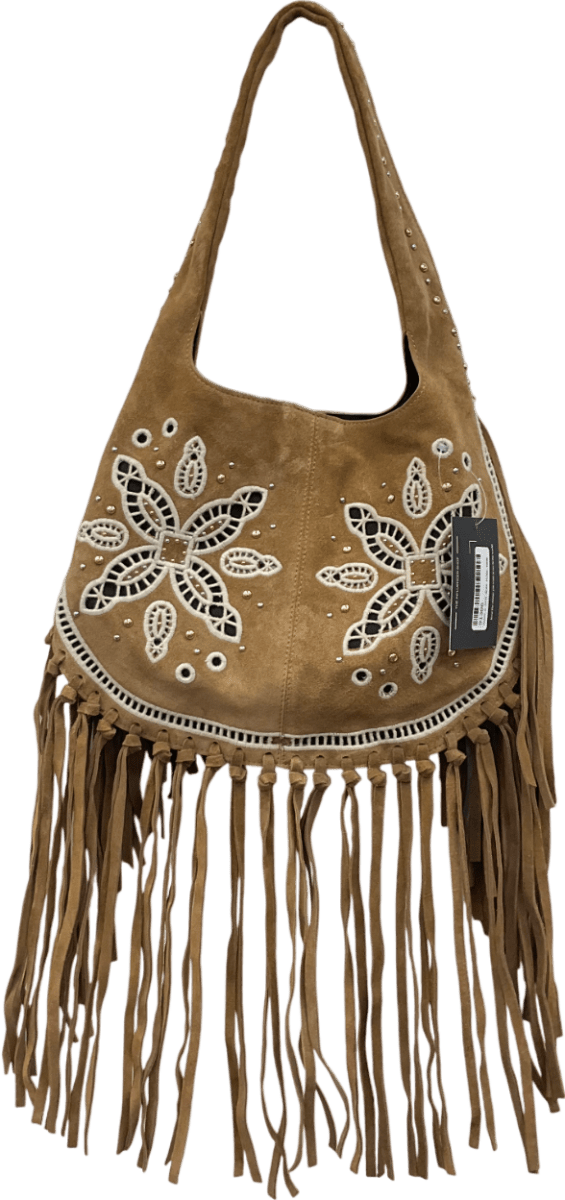 River Island Brown Suede Fringed Broderie Shoulder Bag One Size - Reliked