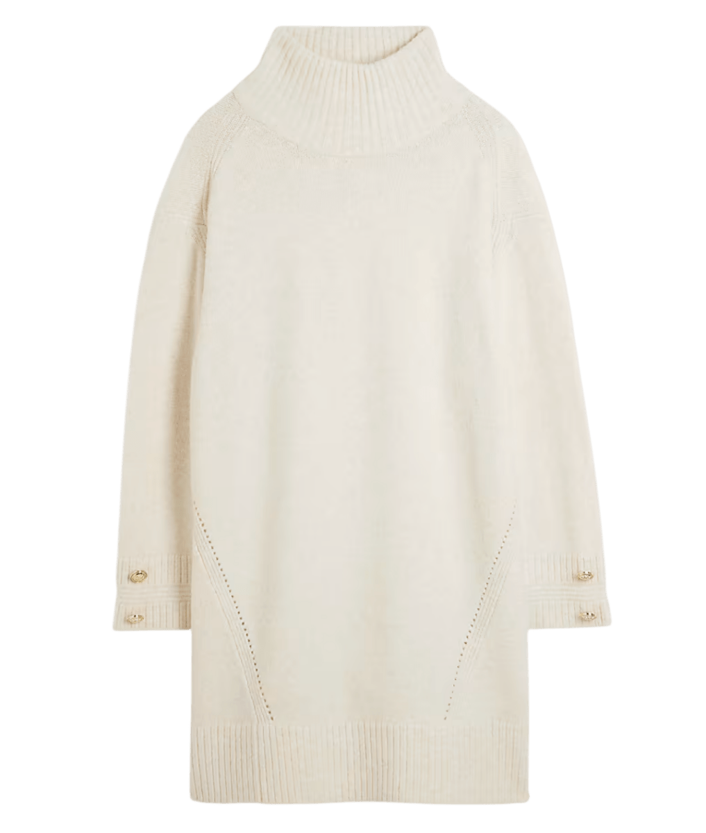 River Island Cream High Neck Knitted Wool Blend Jumper Dress With Gold Buttons UK L - Reliked