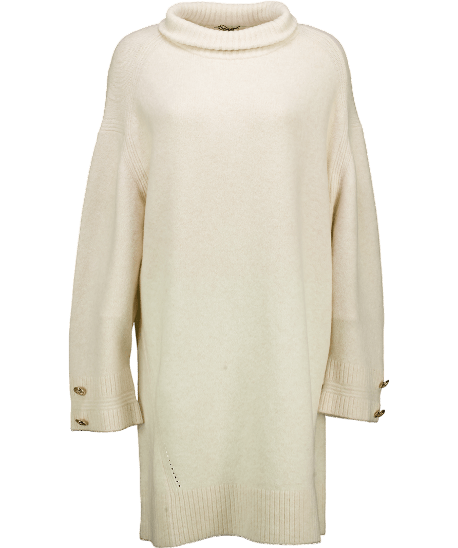 River Island Cream High Neck Knitted Wool Blend Jumper Dress With Gold Buttons UK L - Reliked