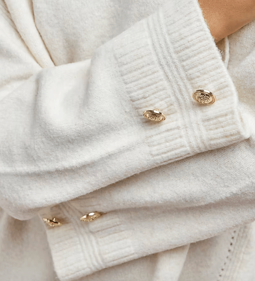 River Island Cream High Neck Knitted Wool Blend Jumper Dress With Gold Buttons UK L - Reliked