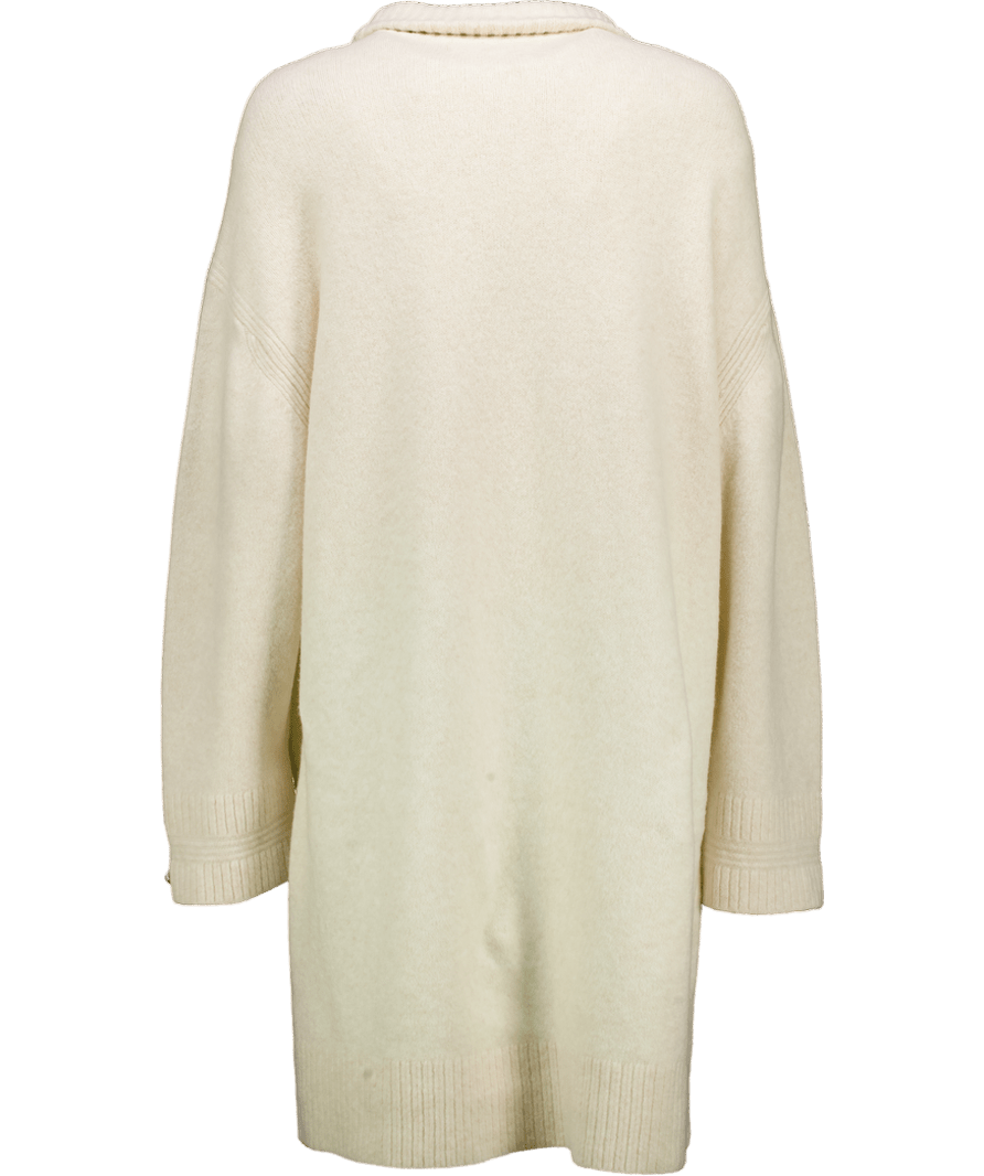 River Island Cream High Neck Knitted Wool Blend Jumper Dress With Gold Buttons UK L - Reliked