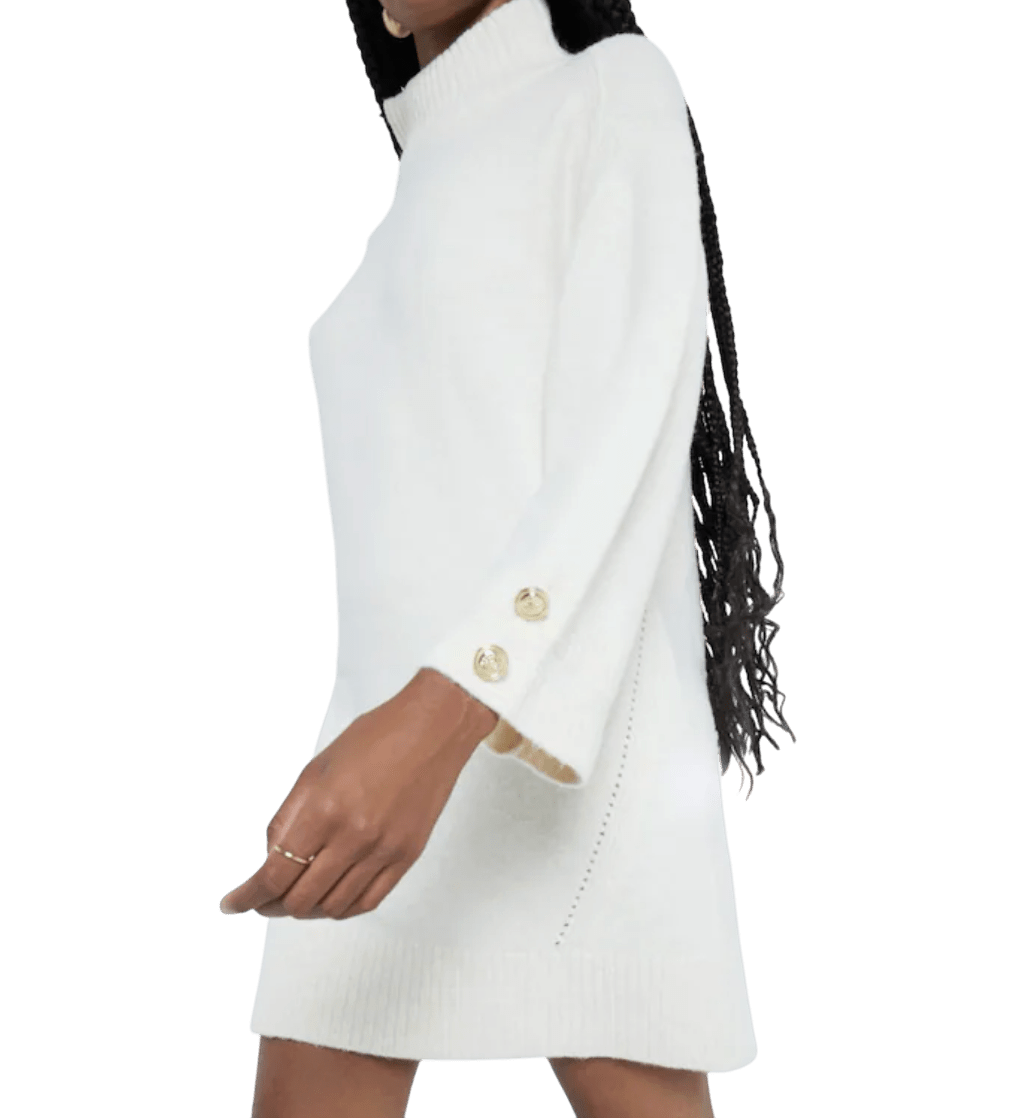 River Island Cream High Neck Knitted Wool Blend Jumper Dress With Gold Buttons UK L - Reliked