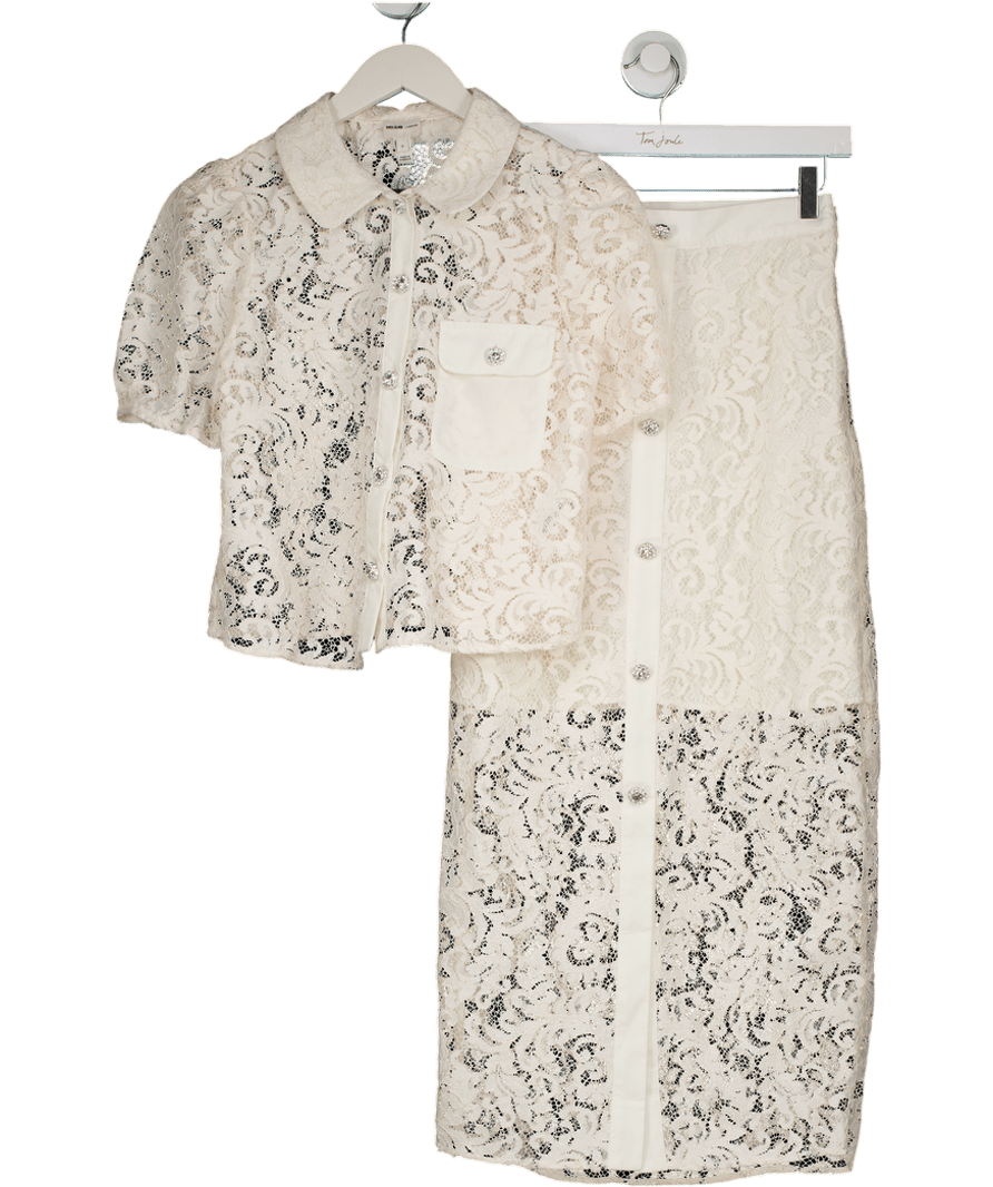River Island Cream Lace 2 - piece Shirt And Pencil Skirt With Diamante Buttons UK 6 - Reliked