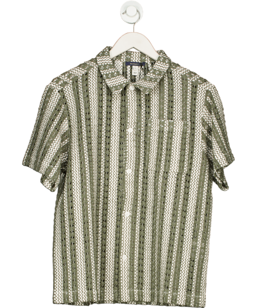 River Island Green Khaki Regular Fit Striped Crochet Shirt UK S - Reliked