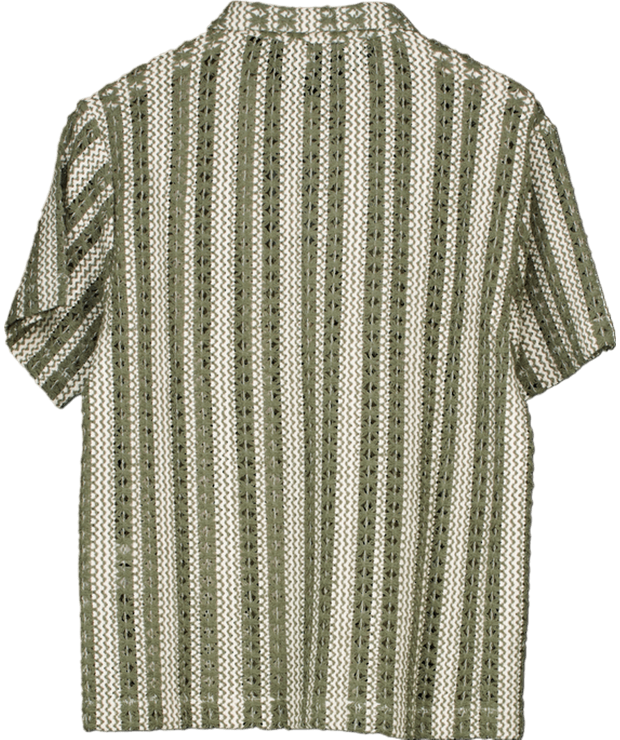 River Island Green Khaki Regular Fit Striped Crochet Shirt UK S - Reliked