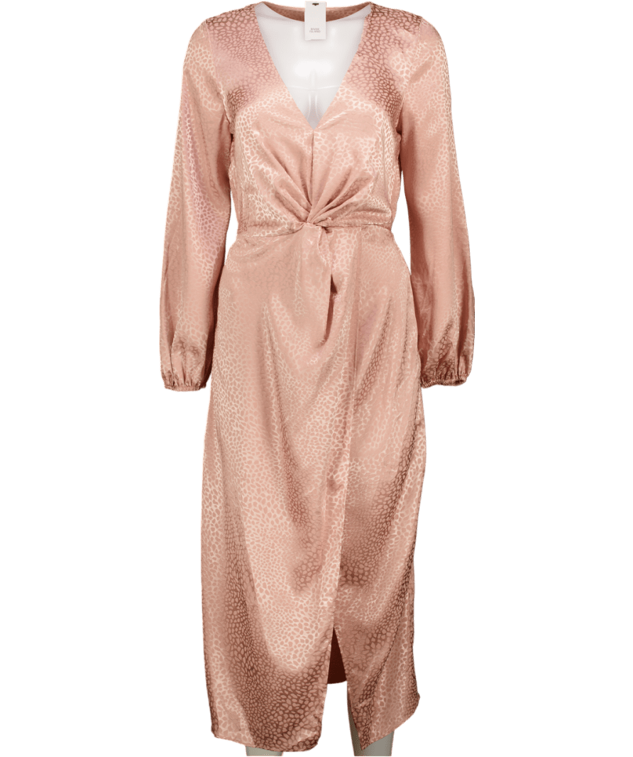 River Island Pink Peach Satin Jacquard Faux Wrap Midi Dress UK 10 - Reliked